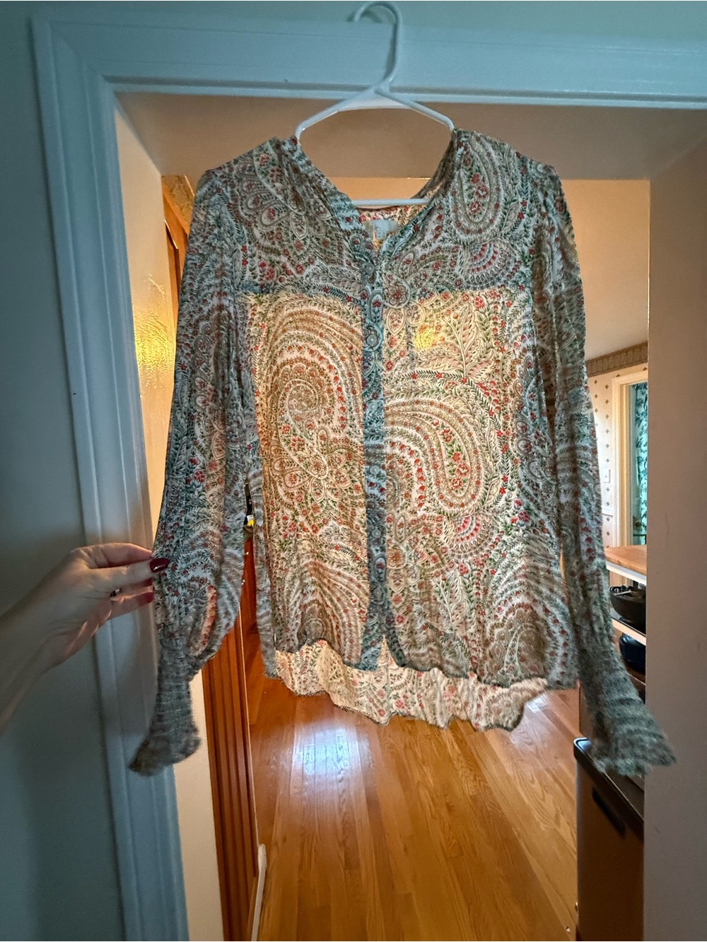 Boden Paisley Button-Front silk Blouse — Cream, Red & Green
